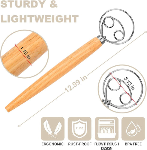 Danish Dough Whisk, Wooden Bread Whisk with Stainless Steel Dough Hook for Sourdough Bread Making