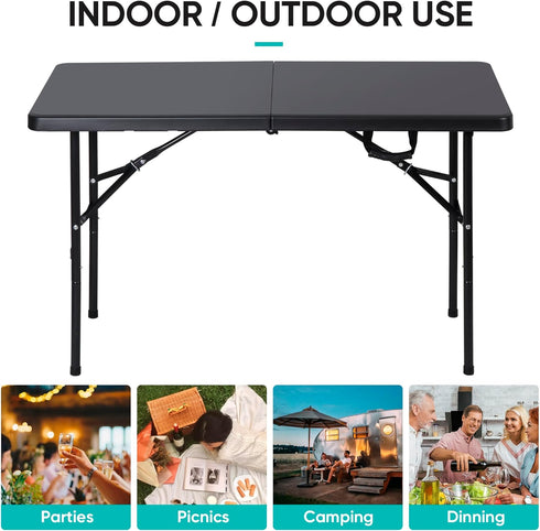 4ft ZENY Portable Folding Table Plastic Indoor Outdoor Picnic Party Camp Dining Table with Handle, Black