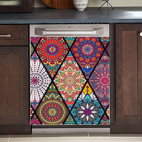Mandala Flower Dishwasher Magnetic Cover, Beautiful Kitchen Decoration Bohemian Self Adhesive Magnet Panel