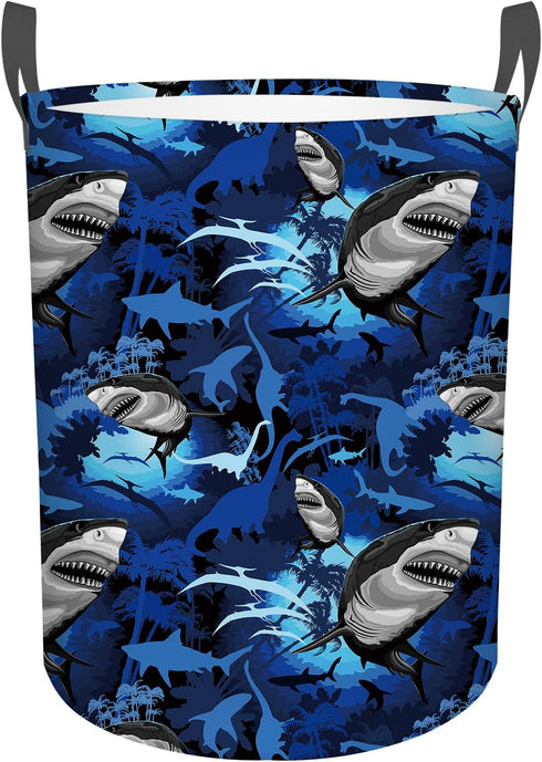 Blue Shark Foldable Laundry Basket, Waterproof Oxford Cloth, Funny Tote Bag for Dirty Clothes, 15.7"x19.6"