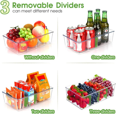 Clear Pantry Organizer Storage Bins, 2 Packs Plastic Removable Snack Organizer with 3 Dividers for Kitchen Cabinets