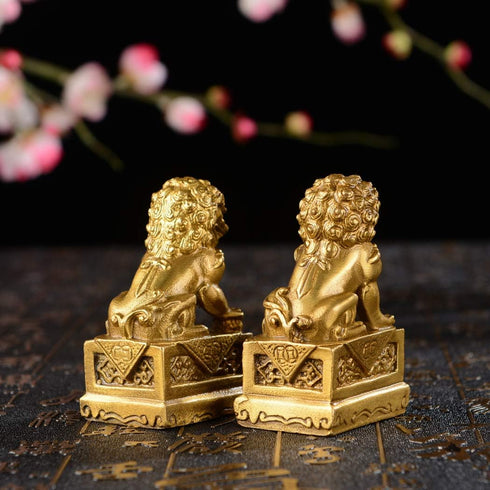 BRABUD 2.8in Fengshui Brass Pair of Fu Foo Dogs Guardian Lion Statues, Housewarming Congratulatory ZD099 Gold