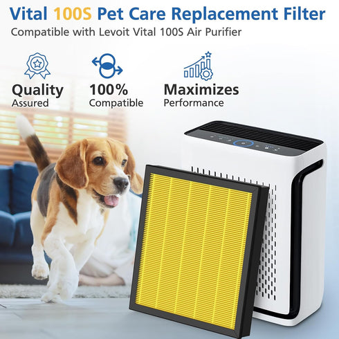 Vital 100S Pet Care Replacement Filter, 2 Pack, Compatible with LEVOIT Vital 100S Air Purifier (Yellow)