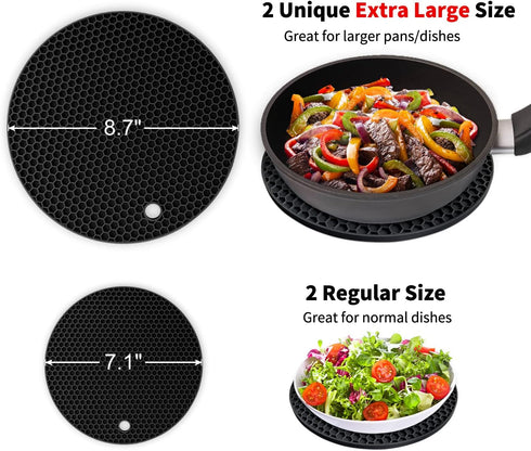 Silicone Trivet Mats, Walfos Heat Resistant Pot Holders Set, 4pcs in 7 Inch & 9 Inch for Hot Pots & Dishes (Black)