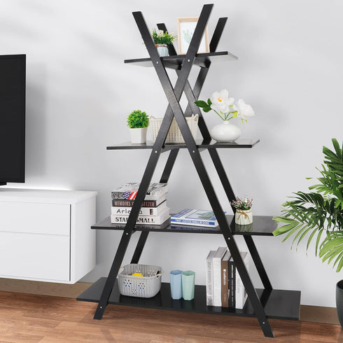 Nouva 4 Tier Ladder Bookshelf Storage Shelves, A Frame Wooden Ladder Open Display