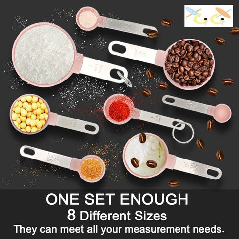 Measuring Cups and Spoons Set of 8pcs - Cute Pink Stainless Steel Handle, XGiGiX Plastic Measure Spoon and Cup Set