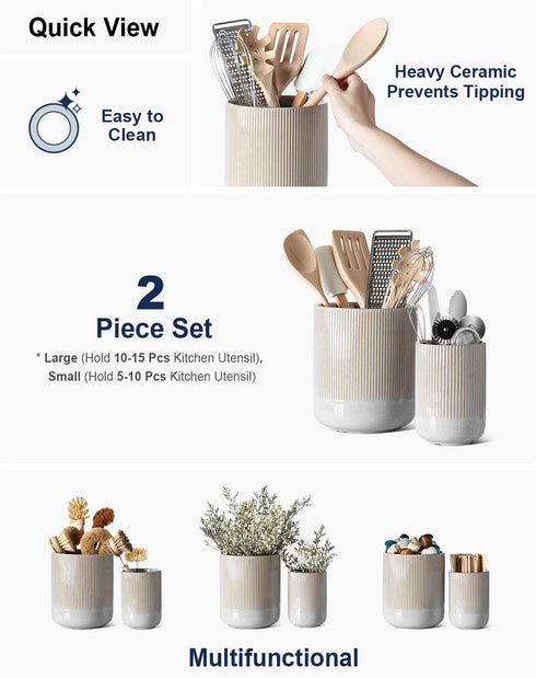LE TAUCI Utensil Holder Set of 2 – 7.3"+5.4" Ceramic Kitchen Crocks – Morden Organizer for Spatula, Glaze Marble Gray