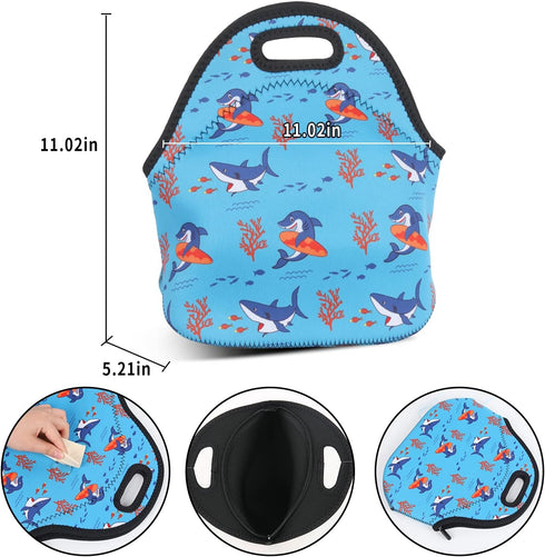 Violet Mist Shark Lunch Bag - Washable Neoprene Tote, Reusable Thermal Insulated Cooler, Lightweight for Men, Work,