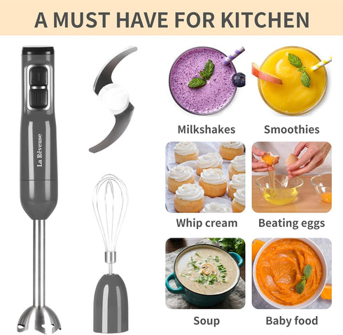 La Reveuse Handheld Immersion Blender, 3 in 1, 300 Watts with Whisk, Mixing Beaker, Food Chopper Attachments
