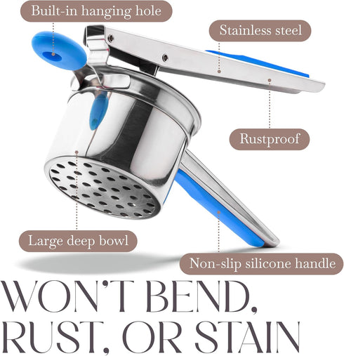 Bellemain Potato Ricer 15 oz with 3 Interchangeable Discs, Stainless Steel Potato Masher Kitchen Tool (Blue)