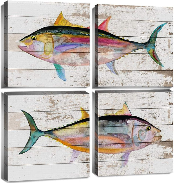 Fish Wall Decor - Coastal Canvas Pictures, Vintage Nautical Colorful Tuna Fish Poster, 12x12"
