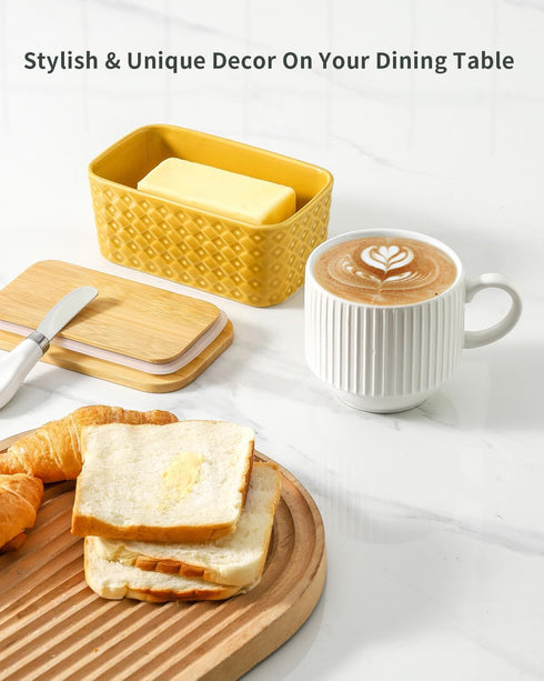 Hasense Large Ceramic Butter Dish with Sealing Lid, Yellow Airtight Butter Container for Countertop Storage
