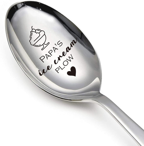 Papa's Ice Cream Plow Funny Stainless Steel Engraved Spoon, Long Handle Coffee Tea Spoon for Papa Dad Men