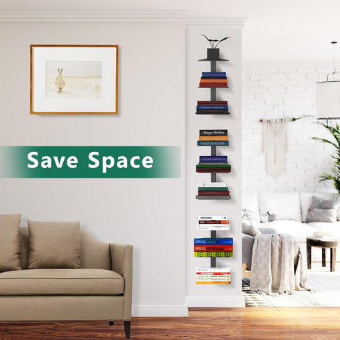 2 Pack 6 Invisible Floating Bookshelf for Wall Mounted, Black Spine Book Tower, Tier Vertical Book Organizers, Heavy