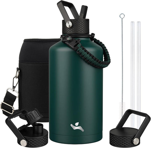 Insulated Water Bottle with Straw, 87 oz Water Jug with Carrying Bag, Paracord Handle, Double Wall Vacuum Flask, Dark