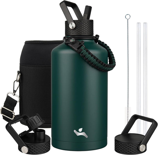 Insulated Water Bottle with Straw, 87 oz Water Jug with Carrying Bag, Paracord Handle, Double Wall Vacuum Flask, Dark