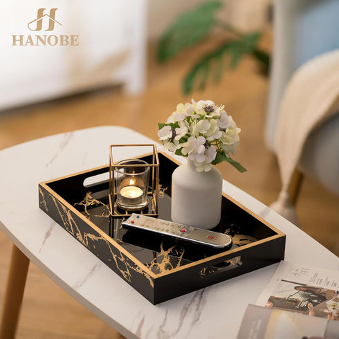 Counter Hanobe Decorative Serving Tray Black: Imitation Marble Coffee Table Tray Decor with Handle Gold for Bar Ottoman