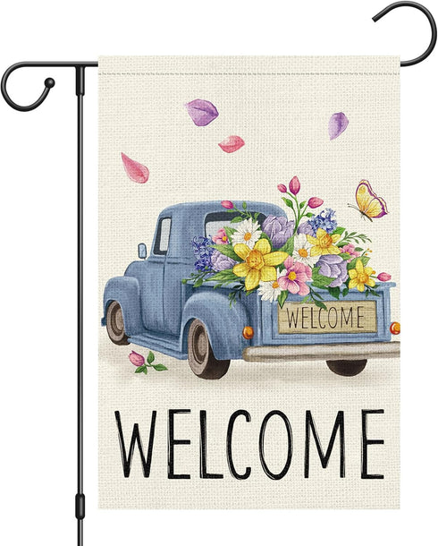 Welcome Spring Garden Flag 12x18 Double Sided Vertical Burlap Retro Truck Floral for Outdoor Decoration
