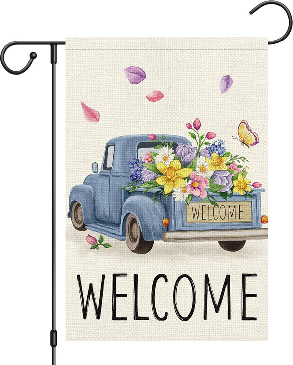 Welcome Spring Garden Flag 12x18 Double Sided Vertical Burlap Retro Truck Floral for Outdoor Decoration