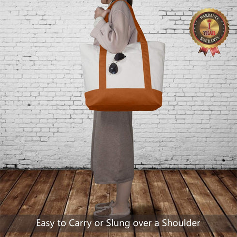 TOPDesign 1-Pack Canvas Tote Bag with External Pocket, Reusable Grocery Shopping Bag, Top Zipper Closure, Daily
