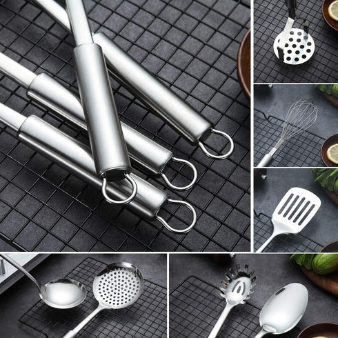 Berglander 8 Piece Cooking Utensil Set, Stainless Steel Kitchen Tools with Stand, Includes Slotted Turner, Ladle