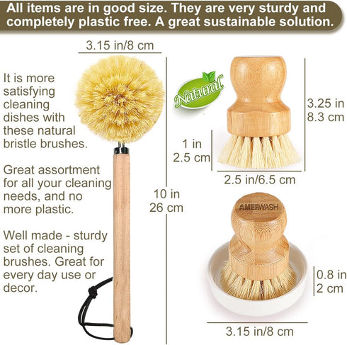 Set 1 2 Wooden Dish Brush Clean Pots, Pans and Vegetable, Natural Bristles Bamboo Scrub Brushes with Ceramic Dish