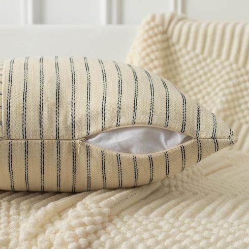 24x24, Set 2, Kevin Textile Farmhouse Pillow Covers Modern Accent Square Throw Pillow Covers of Beige and Black Striped