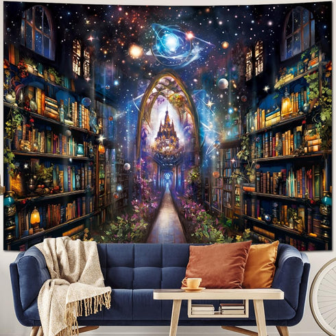 Heynvioo Mysterious Bookshelf Tapestry Galaxy Space Library Tapestry Fantasy Landscape Vintage Aesthetic Tapestries