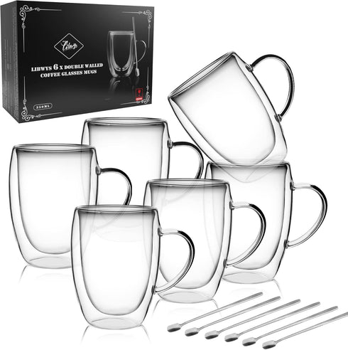 LIBWYS 6 Pack Double Walled Coffee Cups Glasses Mugs, 12oz Espresso Cappuccino