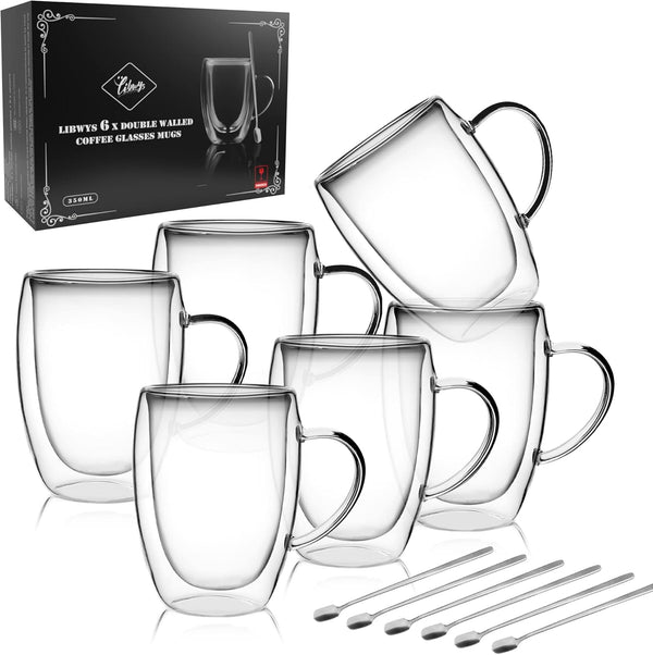 LIBWYS 6 Pack Double Walled Coffee Cups Glasses Mugs, 12oz Espresso Cappuccino