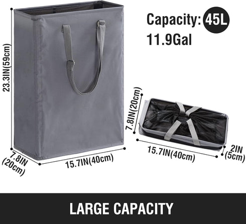 Slim Laundry Hamper with Adjustable Long Handles, 45L Small Mesh Top Laundry Basket for Bedroom, Closet, Bathroom - Grey