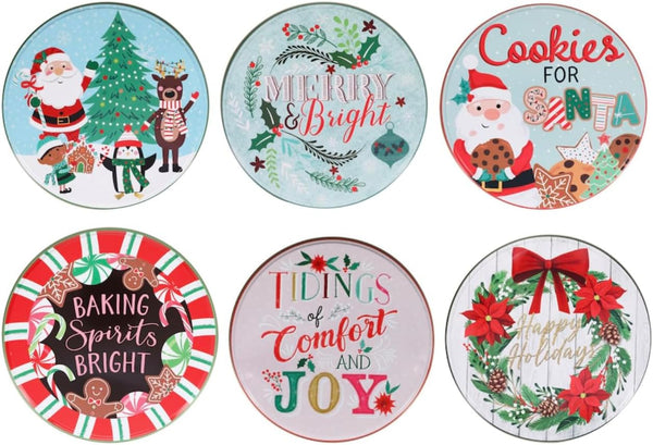 Round Nesting Tins with Holiday Print Designs, Bundle of 2 Metal Tins with Lids for Cookies, Candy, Food Presents
