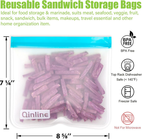 Qinline Reusable Food Storage Bags - 10 Pack Dishwasher Safe Freezer Bags, Leakproof Reusable Lunch Bags