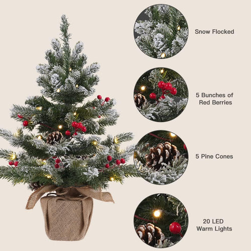 24 Inch 2 FT Pre-lit Snowy Mini Christmas Tree, DECSPAS Small Tabletop Flocked Tree with 20 LED Lights for Holiday Party