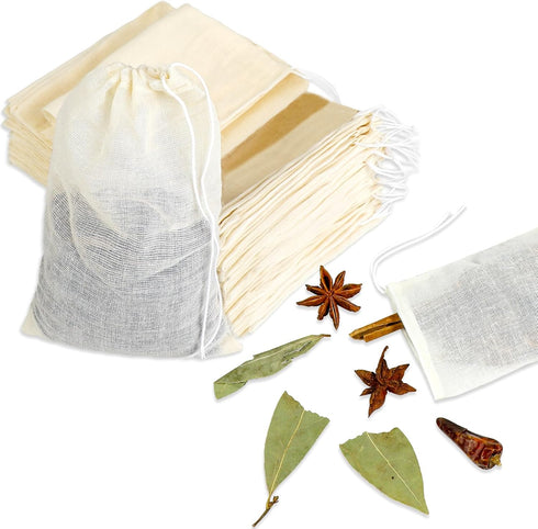 30PCS Spice Bags for Cooking, Reusable Muslin Drawstring Soap Bags for Loose Tea, Cheese Cloth Straining 3x4 Inch