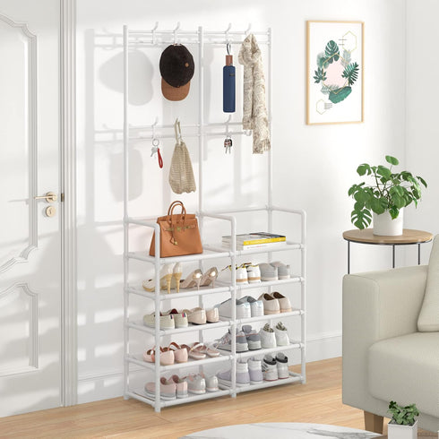 Laiensia 5-Tier Entryway Coat Rack - Coat and Shoe Rack with 8 Hooks for Bedroom, Hallway, Office - White