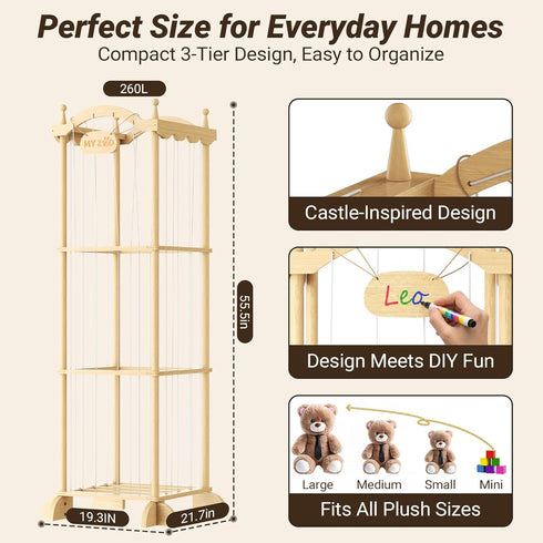 70+ COSYLAND Large Stuffed Animal Storage Organizer for Kids, Wooden Plush Toy Holder with Top Rope Clips, Elastic