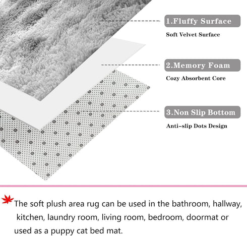 ConCus-T Grey Bath Mat, Faux Fur Plush Anti Slip Bathroom Rug Doormat for Bedroom, Tie-Dye Light Grey, 24''X16''