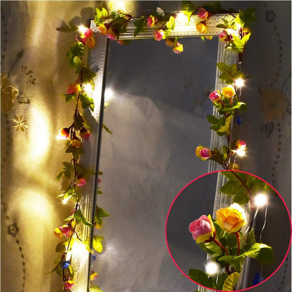 Fielegen 20 LED Rose Flower String Lights, 7.2ft Battery Powered Artificial Flower Garland for Home Garden