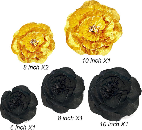 3D Paper Flowers, Gold Black Graduation Craft Paper Flowers, 6PCS Pom Pom Backdrop for Baby Shower Decor