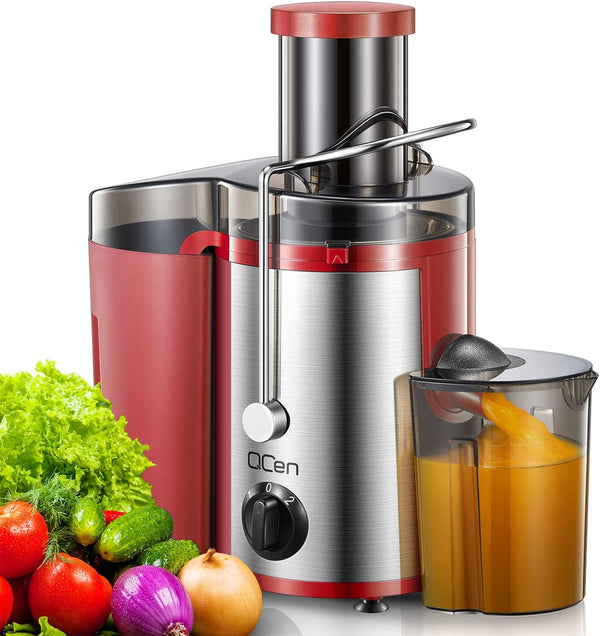 QCen Juicer Machine 500W Centrifugal Extractor, 3” Wide Mouth Feed Chute, Easy to Clean, Stainless Steel, Red