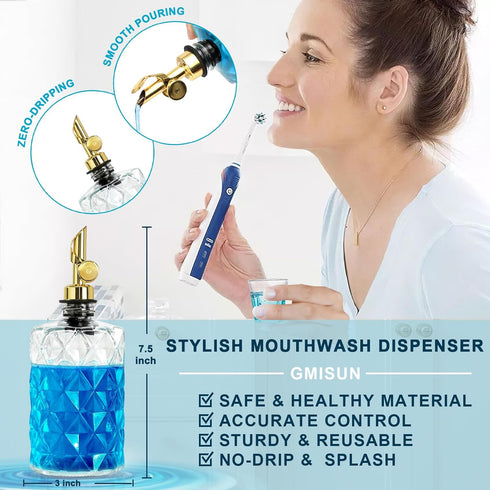 2 Pack 12 Oz Mouthwash Dispenser for Bathroom, Luxury Diamond Glass Mouth Wash Container, Glass Mouthwash Dispenser