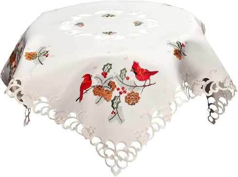 Embroidered Christmas Red Cardinals and Pine Cones Table Topper, Small Tablecloth (33 Inch Square)