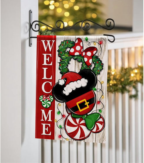 Welcome Christmas Mouse Santa Garden Flag - Xmas Peppermint Candy Wreath Ornament, Double Sided Winter Holiday Decor