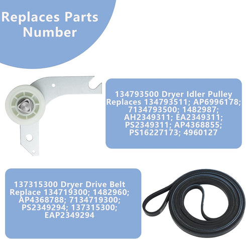 Upgraded 134793500 Dryer Idler Pulley & 137315300 Drive Belt Assembly for Electrolux Frigidaire Dryers