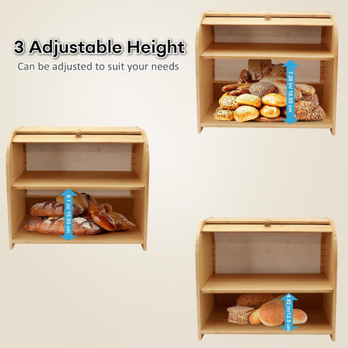 Countertop, 3 Counter, Bread Box for Kitchen Double Layer Bamboo Bread Storage Container for Homemade Bread, Roll Top