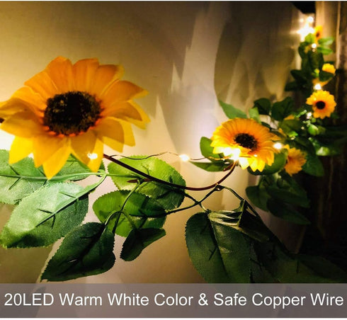 Fielegen 20 LED Artificial Sunflower Garland String Lights, 6.56ft Battery Powered Fairy Lights for Home Decor