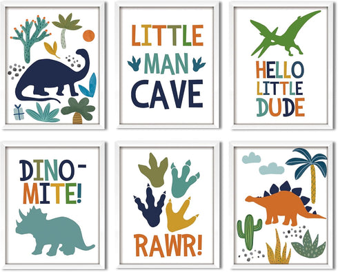 ArtbyHannah 6 Pack Dinosaur Nursery Decor,Framed Dinosaur Wall Art for Boys Room,