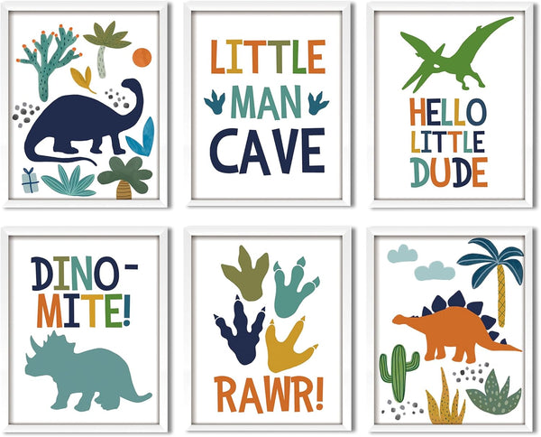 ArtbyHannah 6 Pack Dinosaur Nursery Decor,Framed Dinosaur Wall Art for Boys Room,
