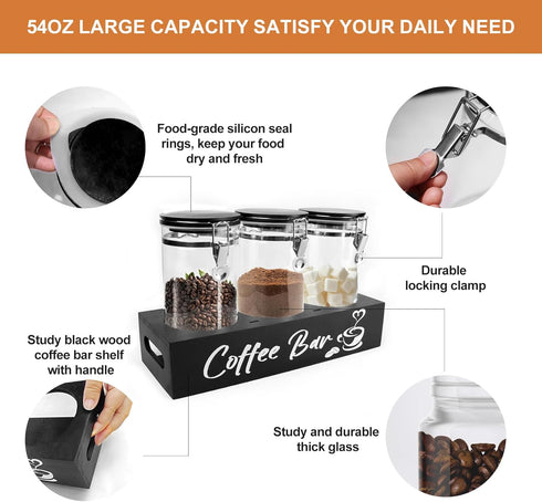 54oz Set MACIFECI Glass Coffee Containers with Shelf Coffee Station Organizer Black Glass Coffees Bean Storage Canister